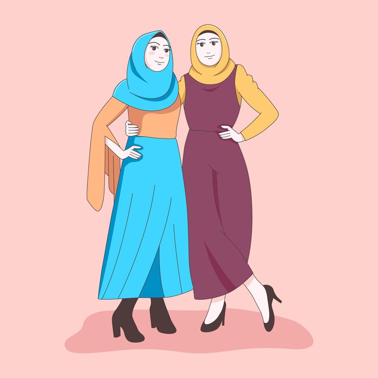 Vettore donne musulmane che indossano l'illustrazione del carattere dell'hijab