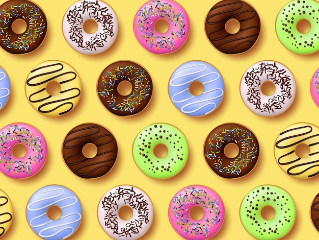Donut colorati con glassa su sfondo giallo Vista superiore stile realistico Illustrazione vettoriale