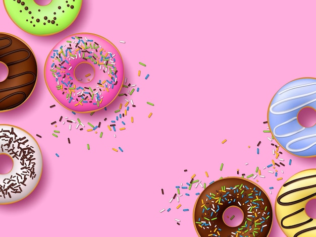 Donut colorati con glassa su sfondo rosa Vista superiore con spazio di copia Illustrazione vettoriale
