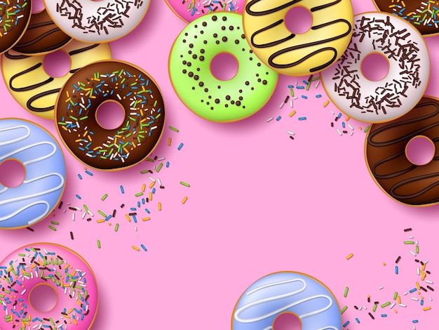 Donut colorati con glassa su sfondo rosa Vista superiore con spazio di copia Illustrazione vettoriale