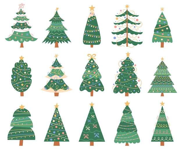 Doodle alberi di Natale Doodle Natale abeti vacanze invernali decorazioni isolato simboli vettoriali set