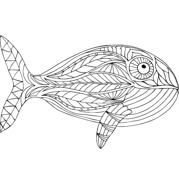 Doodle balena Decorazione disegnata a mano pesce grande Pagina da colorare per bambini e adulti