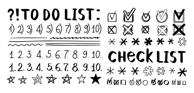 Doodle checklist segni di controllo disegnati a mano asterismi e numeri Per fare la lista di segni di sicurezza delineare diverse forme e silhouette scarabocchiate