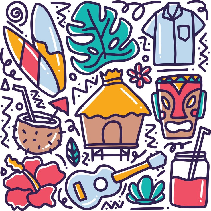 Doodle del disegno a mano collezione hawaii con icone ed elementi di design