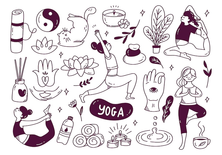 Vettore doodle del fumetto della donna che fa yoga in varie pose