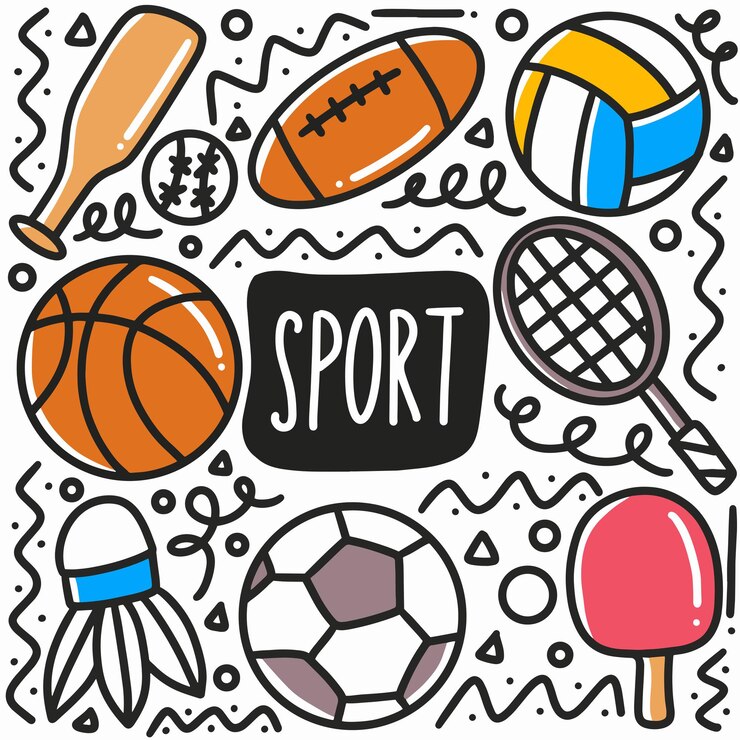Doodle di sport disegnato a mano impostato con icone ed elementi di design