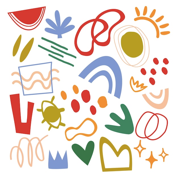 Doodle disegnato a mano forme vettoriali diverse moderne, macchie, gocce, curve, linee.