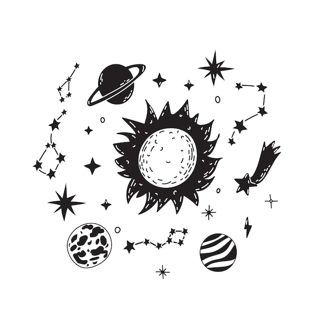 Doodle disegnato a mano sistema solare schizzo pianeti cometa cosmica e stelle astronomia scarabocchi spaziali