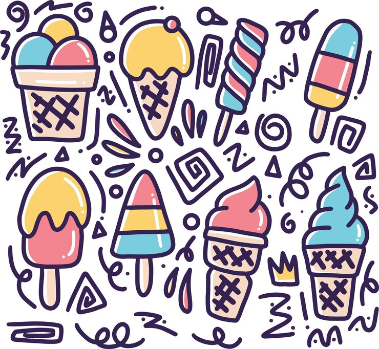 Doodle gelato disegnato a mano con icone ed elementi di design