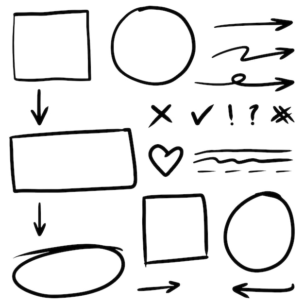 Doodle linee Frecce cerchi e curve vettore elementi di design disegnati a mano isolati su sfondo bianco per l'illustrazione vettoriale infografica
