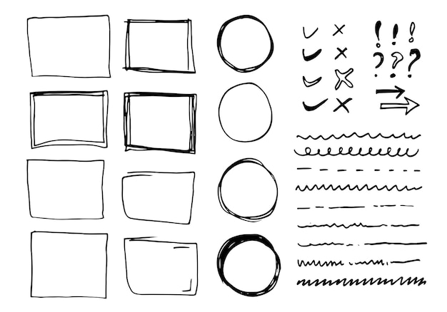 Doodle linee vettoriali e curve disegnate a mano segni di controllo e frecce, cornici e punti Collezione.