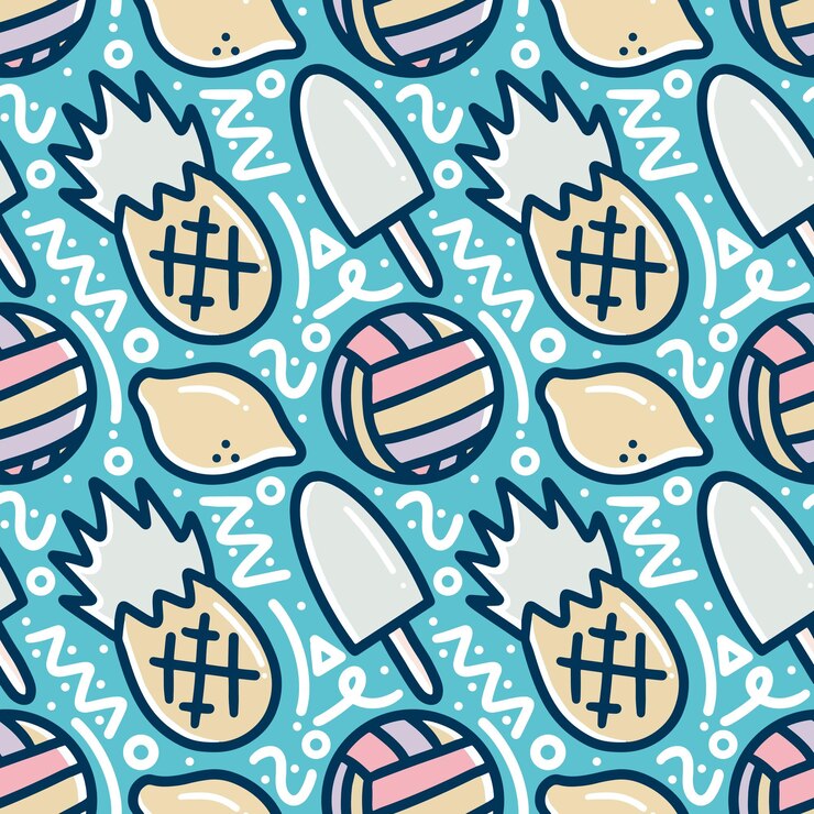 Doodle modello di gelato disegnato a mano e, frutta con icone ed elementi di design