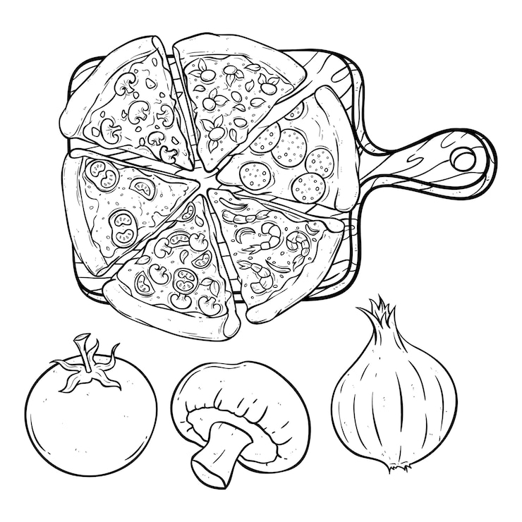 Doodle o mano disegno rotondo pizza sul tagliere con pomodoro, funghi e cipolla