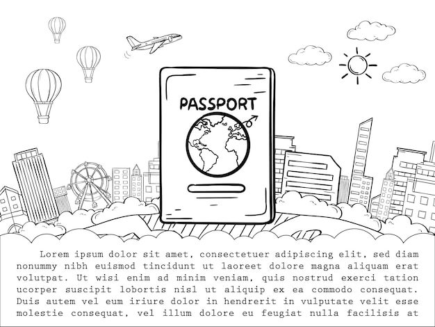 Doodle passaporto e aeroplano di check in in viaggio intorno al concetto del mondo