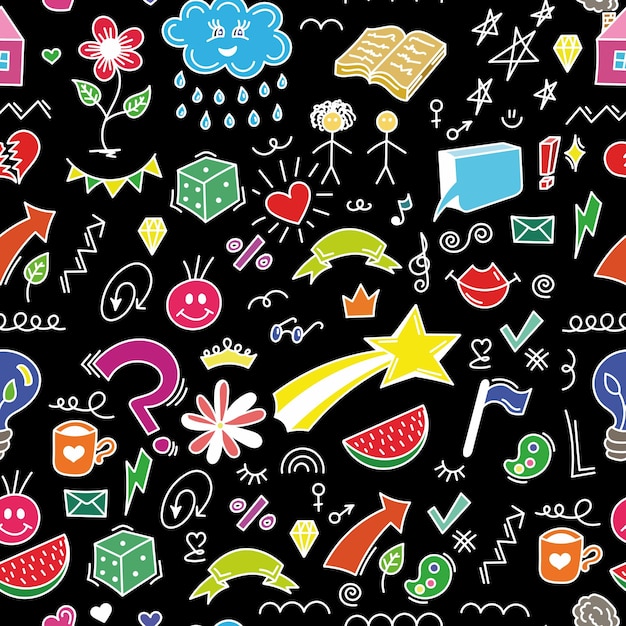 Doodle psichedelico astratto disegno senza cuciture con colorato luminoso divertente carini personaggi comici icone multicolori fantastico stampa esotica