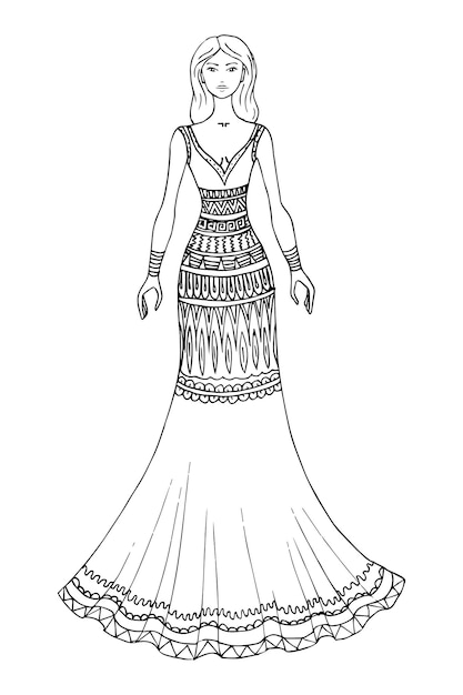 Doodle ragazza in un bellissimo vestito fantasy da colorare per adulti Fantastica grafica Illustrazione disegnata a mano
