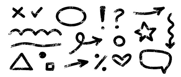 Doodle semplice set di elementi vettoriali disegnato a mano con matita, frecce a stella, onde cardiache, pennello a consistenza grunge