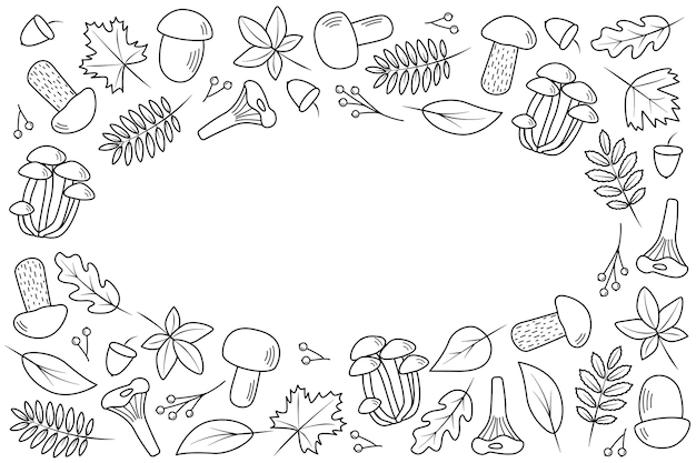 Doodle set di foglie di albero e funghi concetto di autunno illustrazione vettoriale