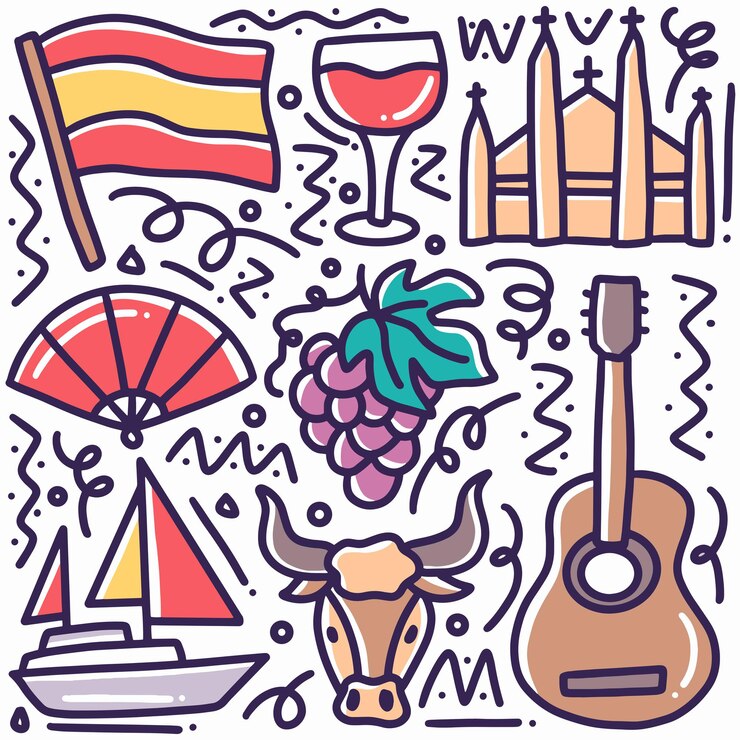 Doodle spagnolo disegnato a mano con icone ed elementi di design
