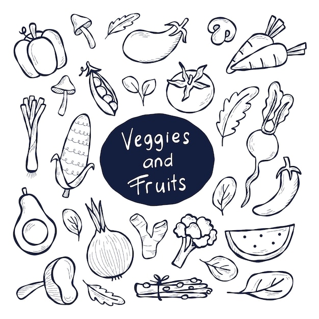 Doodle Verdure Cibi e Frutta Disegnati a mano