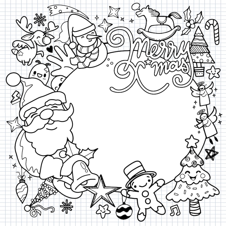 Vettore doodles di natale disegnati a mano sveglio illustrazione del carattere di natale di doodle sul cerchio disegno del villaggio o della città