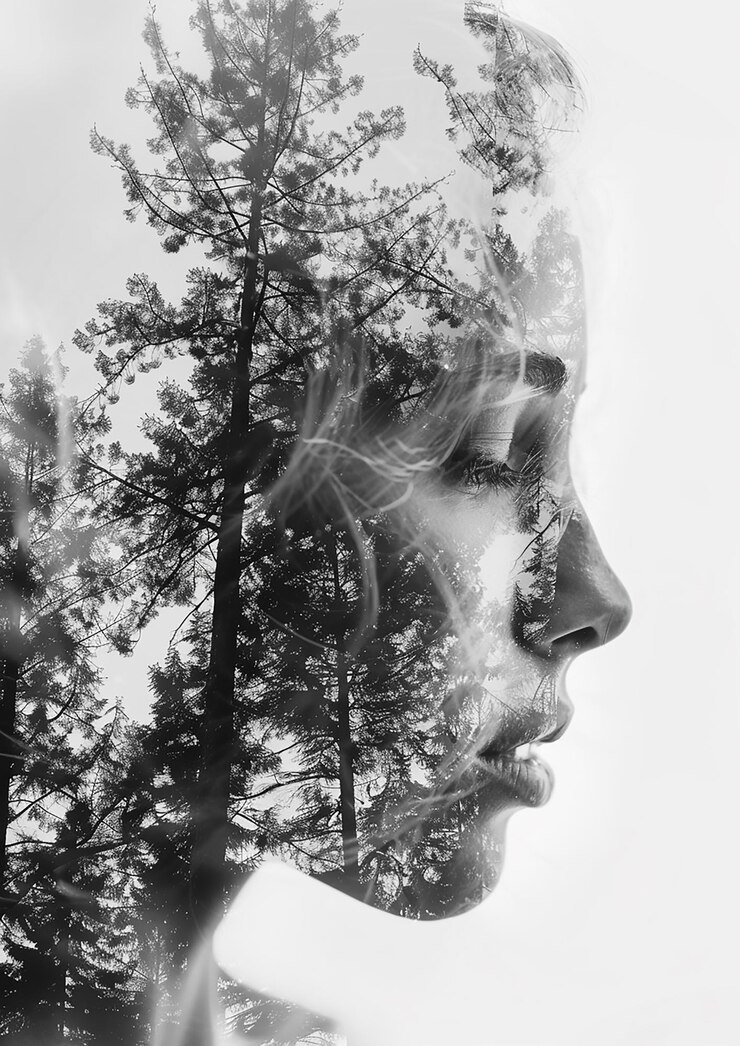 Vettore doppia esposizione di una testa di donna con un bellissimo paesaggio forestale naturale