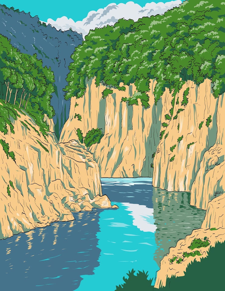 Vettore dorokyo gorge in yoshino kumano national park japan ukiyoe retro woodblock style