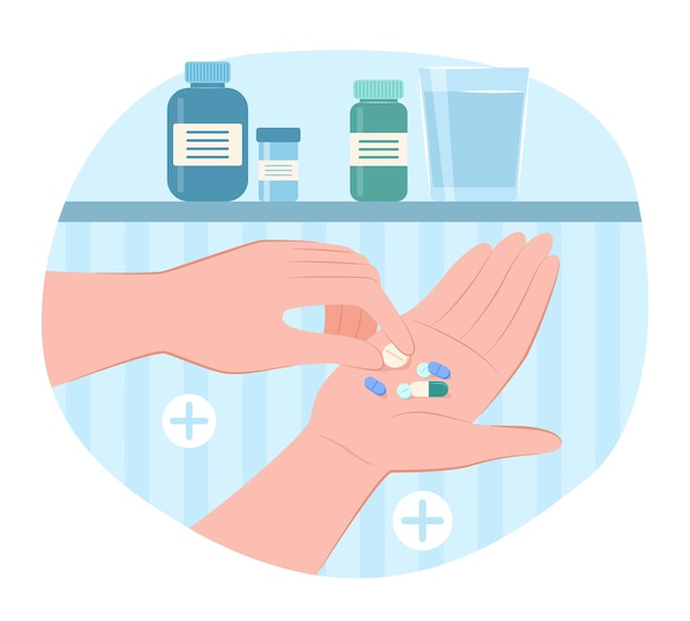 Dosi di pillole di medicina in mano per l'assistenza sanitaria e illustrazione del concetto medico