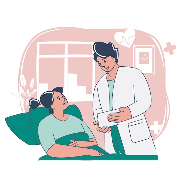 Dottore che controlla un paziente in un letto d'ospedale Illustrazione di progettazione piatta