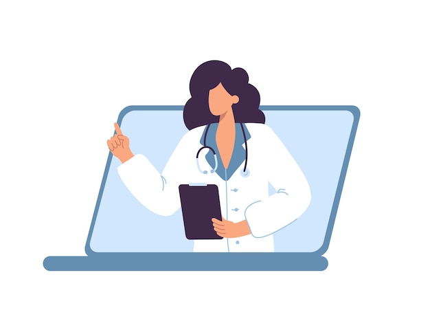 Dottore di carattere femminile online in laptop Medico in visita che utilizza la tecnologia online con i file dei pazienti che prescrive farmaci Cartoon People Flat Vector Illustration