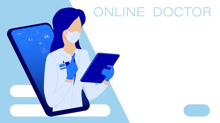 Vettore dottore in smartphone, medicina online. dottore donna, infermiera in maschera medica protettiva con il tablet in mano legge la diagnosi al paziente consiglia il paziente online. vettore