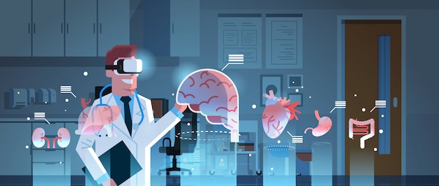 dottore maschio con gli occhiali digitali guardando organi di realtà virtuale