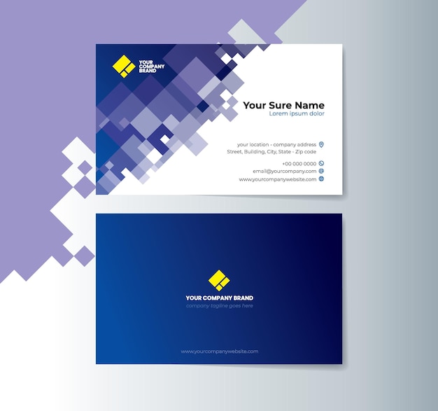 Doublesided business card template with random transparent blue squares on a white background