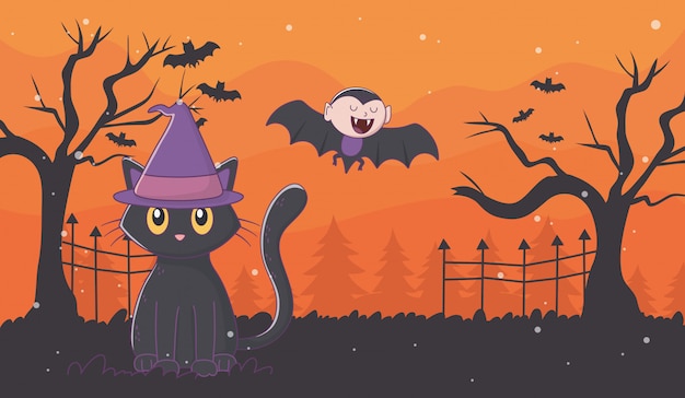 Dracula volante e gatto con cappello halloween