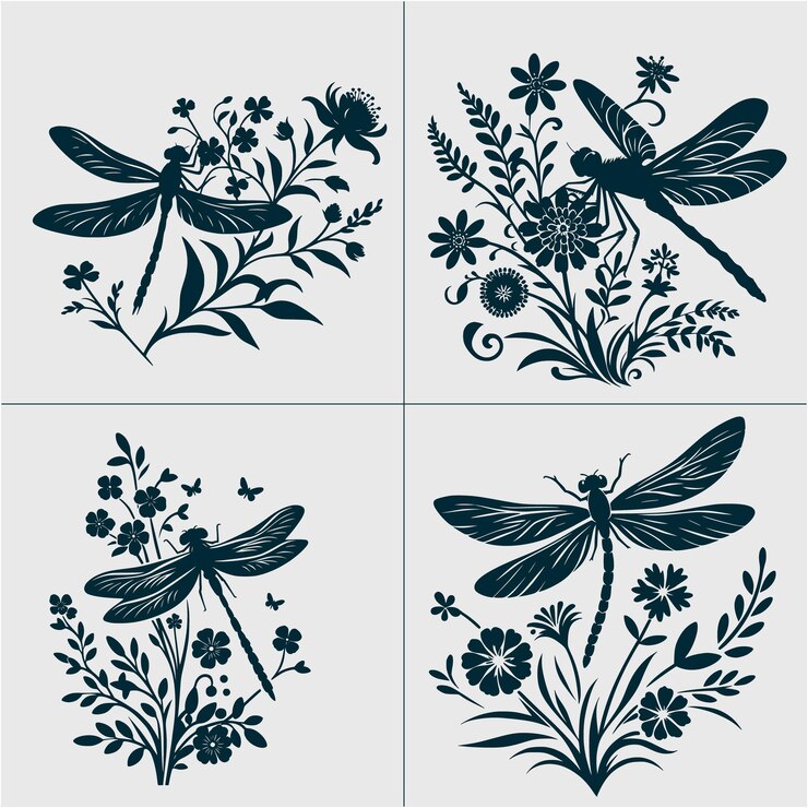 Vettore dragonfly svg amp png dragonfly clipart flower vector image dragonfly silhouette retro flower svg
