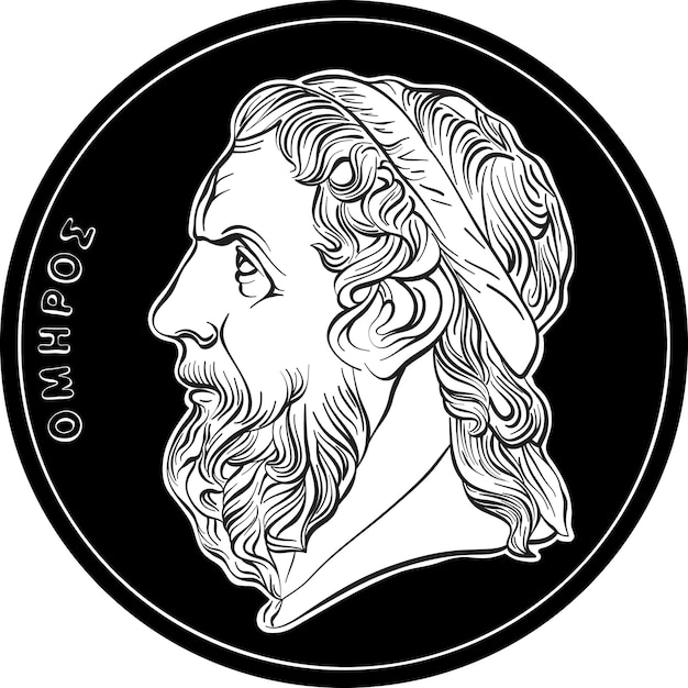 Dritto vettoriale in bianco e nero della moneta di dracme di denaro greco con profilo omero