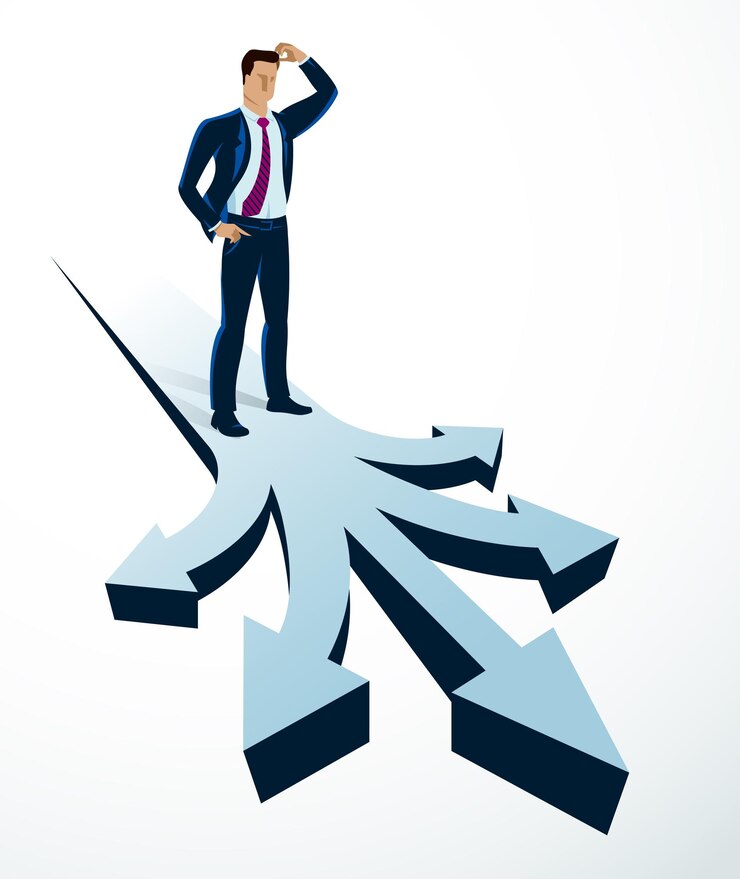Vettore dubitando dell'uomo d'affari che sceglie diverse direzioni in che direzione andare illustrazione vettoriale, l'uomo d'affari ha un dilemma perché o diverse opzioni o opportunità.