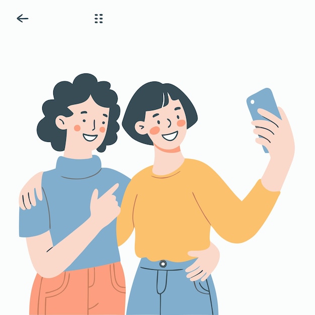 Due amiche sorridenti e carine in abiti alla moda si fanno un selfie insieme in stile cartone animato.