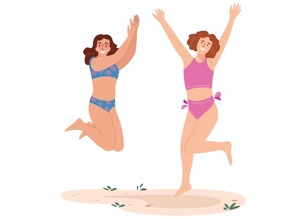 Due amici che celebrano l'estate saltando gioiosamente sulla spiaggia