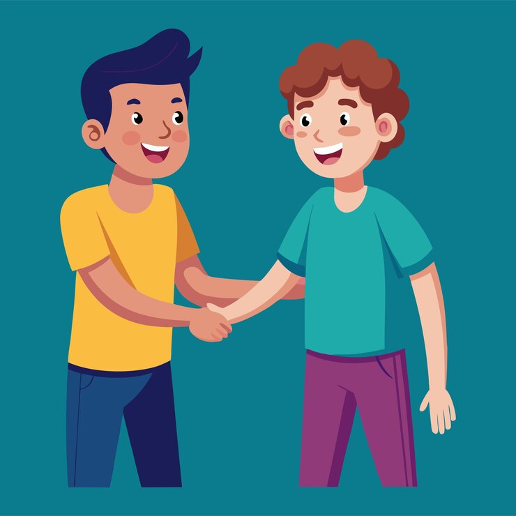 Vettore due amici sono congratulazioni con l'illustrazione vettoriale della stretta di mano