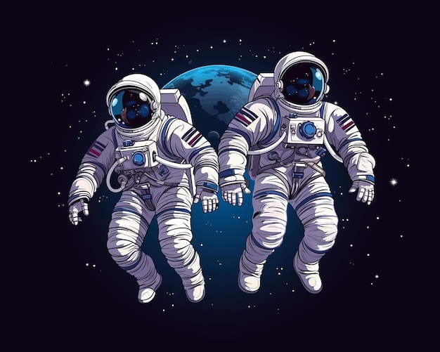 Due astronauti in tute spaziali che volano nello spazio accanto a pianeti e stelle Illustrazione vettoriale EPS 10