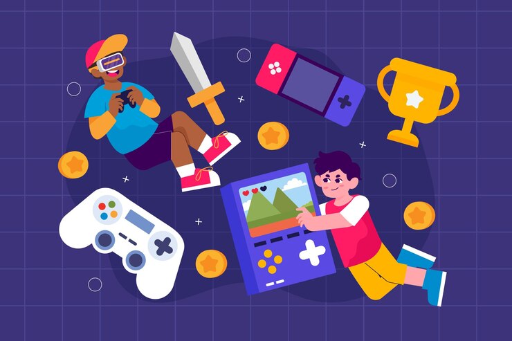 Vettore due bambini che si godono le attività di gioco con gadget e oggetti di gioco in stile di illustrazione piatta