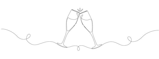 Due bicchieri di champagne che suonano disegnando una linea continua disegno vettoriale per le vacanze del nuovo anno