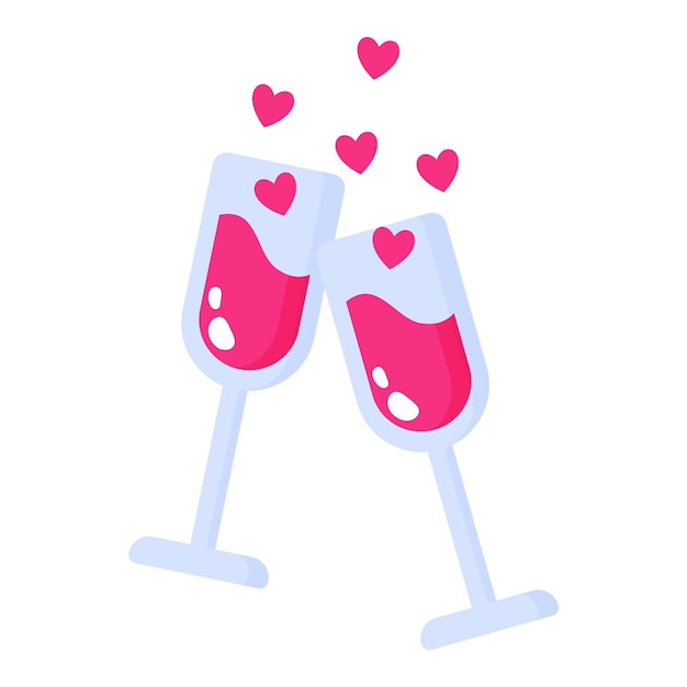 Due bicchieri di vino, champagne e cuori. Concetto di matrimonio e San Valentino.
