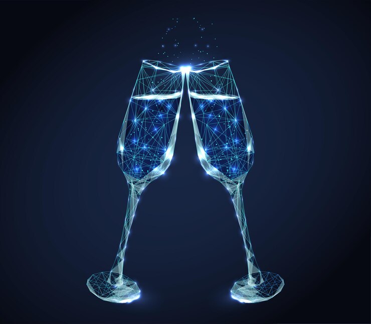 Due bicchieri di vino tintinnio al neon con champagne e bollicine.