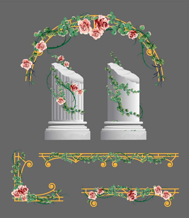 Vettore due colonne greche avvolte in fiori. elemento architettonico greco decorativo in gesso.