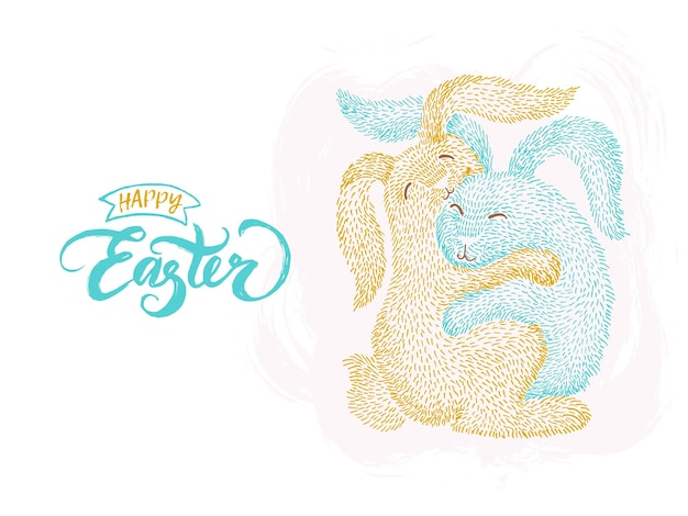 Due conigli si abbracciano con le loro zampe Un dolce abbraccio Cartolina poster per Buona Pasqua