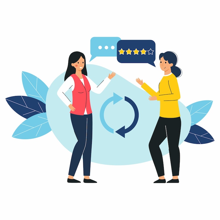 Vettore due donne parlano e condividono le loro opinioni ciclo di feedback relazione di lavoro