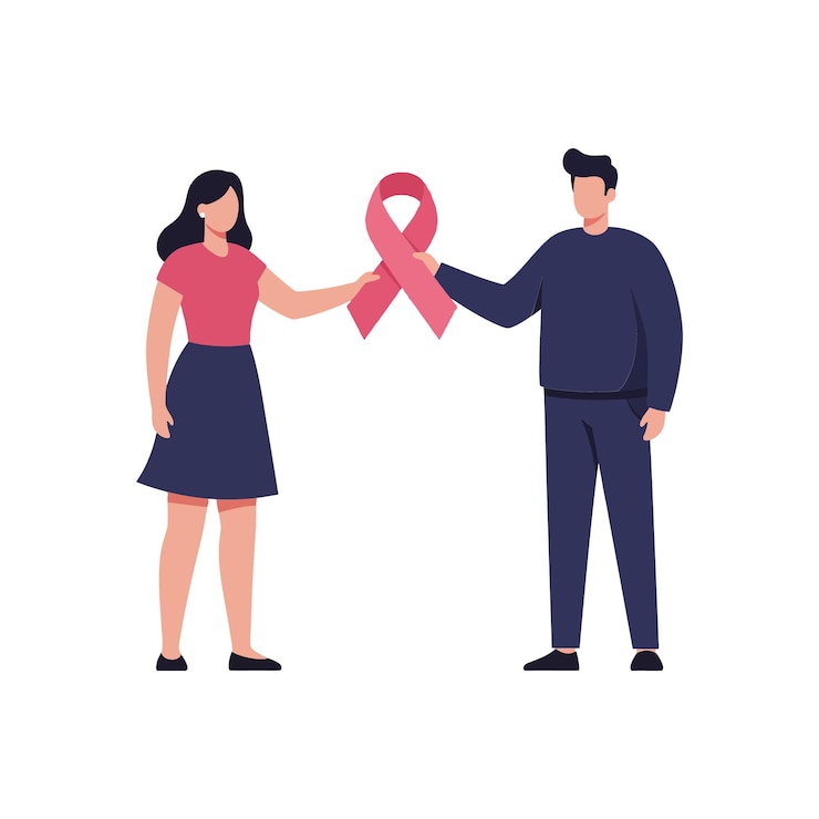 Vettore due individui che tengono un nastro rosa in un gesto di supporto vibrante illustrazione vettoriale a disegno piatto
