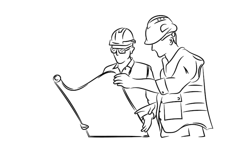Vettore due ingegneri costruzione che lavorano insieme con strumenti disegnato a mano illustrazione vettoriale di disegno di linea